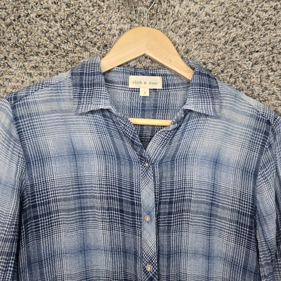 Cloth & Stone Top Womens Small Blue Plaid Button Up Fringe Casual Ladies - Picture 4 of 7